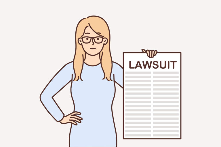 A cartoon woman holding up a paper that says lawsuit in one hand and her other hand is on her hip