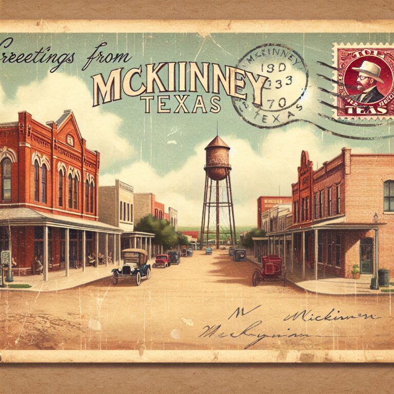 A vintage postcard depicts a street scene in McKinney, Texas, featuring cars, buildings, and a water tower. A postmark and a stamp with a man's portrait are visible in the top right corner.