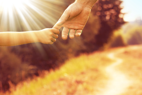 An adult hand gently guides a child's along a sunlit path surrounded by trees, reminiscent of how guidance is often necessary during life's changes, much like mediation for divorce in Texas.