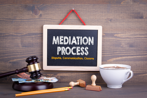 Mediation Process concept. Dispute Communication Closure. Chalkboard on a wooden background
