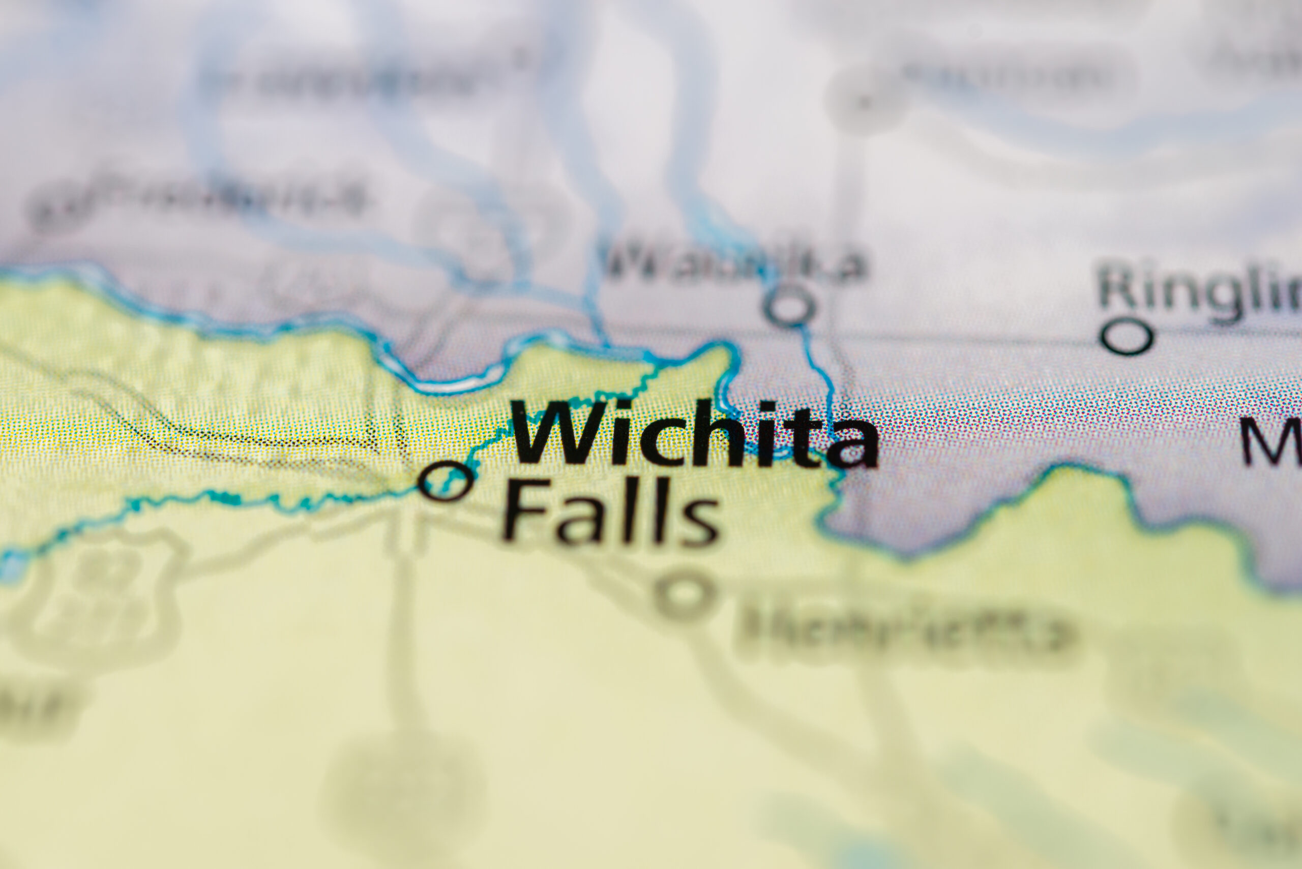 Close-up of a map showing the location of Wichita Falls, highlighted with a blue marker for divorce lawyers.
