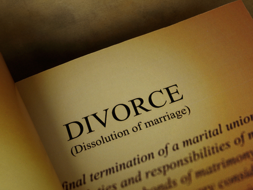 An open book page reveals the title "DIVORCE (Dissolution of marriage)," with text in the background subtly outlining "How to Get Divorce Papers in Texas.