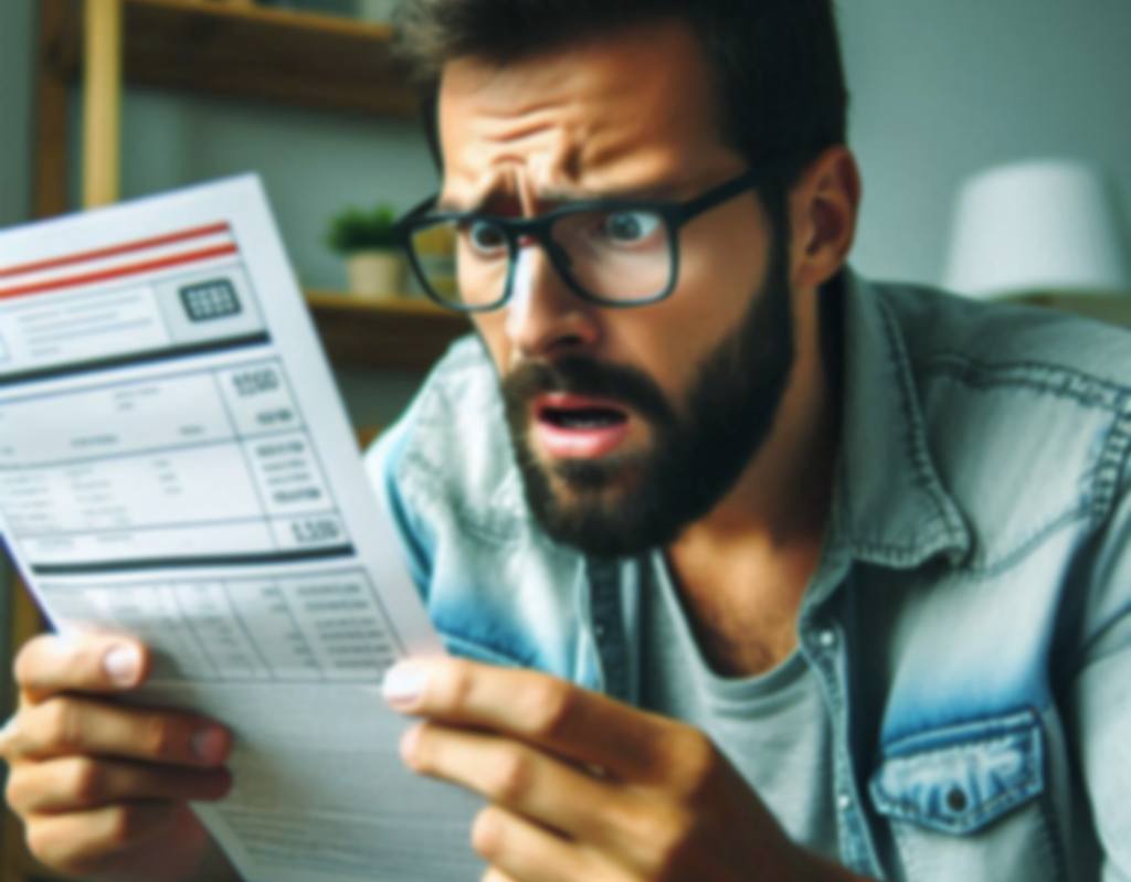 a man looking surprised at a bill he received for his ex wifes debt