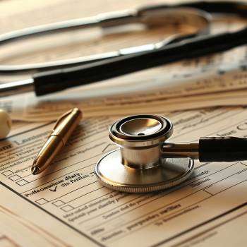 a stethoscope sitting on top of a medical form with a pen beside it after discussing living wills with a patient