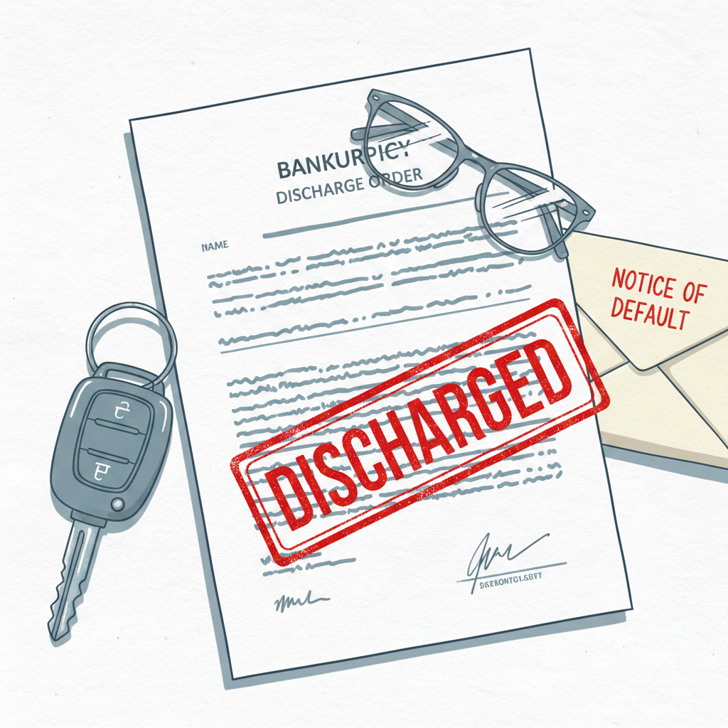 Christopher Migliaccio reviewing a Texas bankruptcy discharge order alongside car keys representing secured debt liens.