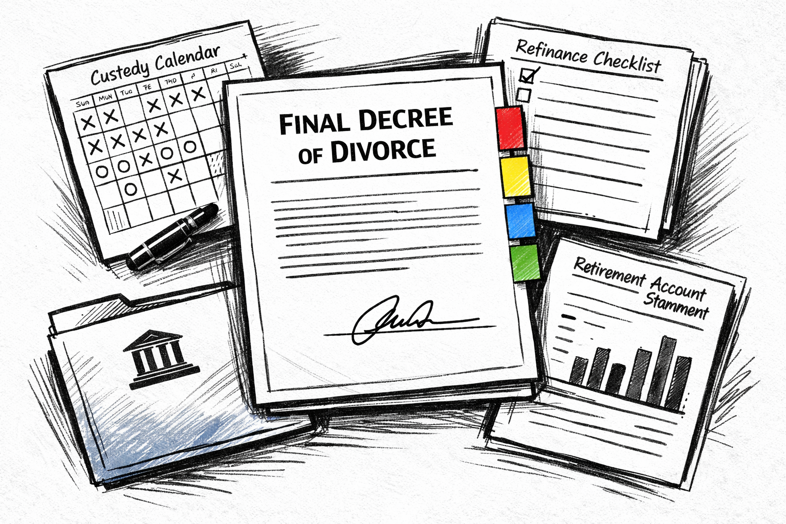 Texas divorce mistakes checklist beside Final Decree and custody calendar
