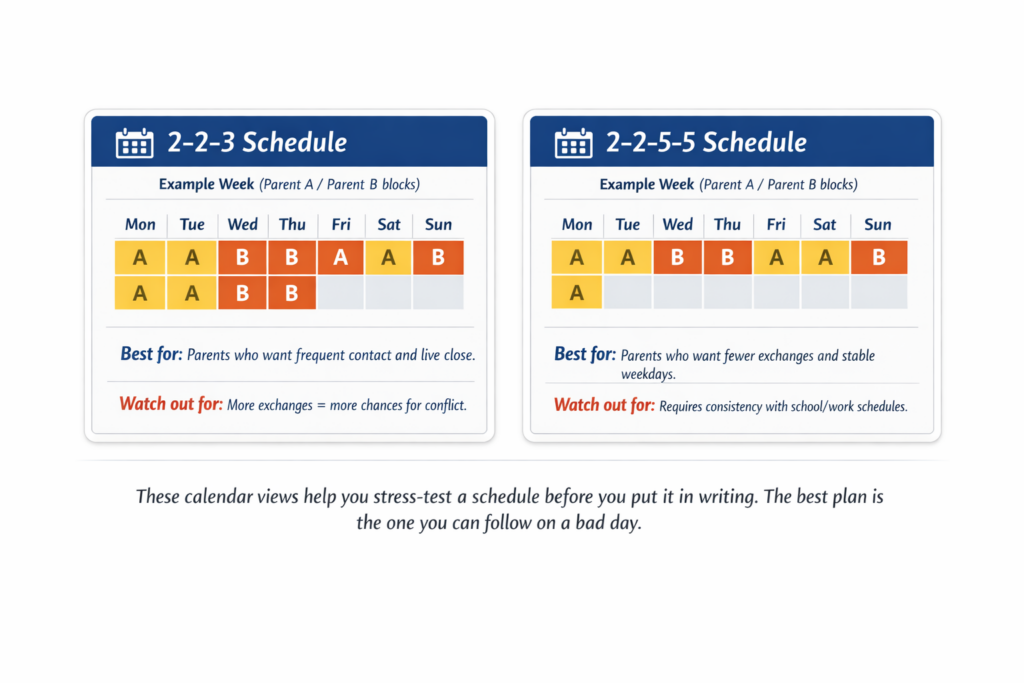 Comparison of 2-2-3 and 2-2-5-5 parenting schedules, showing example weekly exchanges and notes on best use and potential challenges for each.
