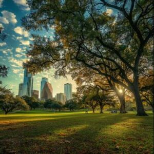 A park with large trees in the foreground and a city skyline with tall buildings in the background lies under a partly cloudy sky. Do you have to be separated before divorce in Texas, or is this serene scene enough to inspire a different perspective?