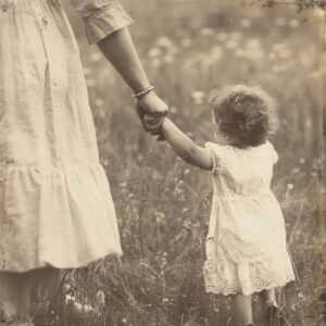 vintage photo pf mom holding the hand of a small child.