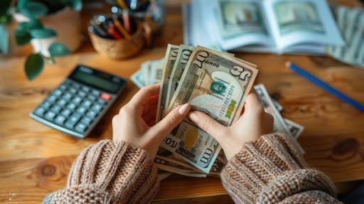 Person wearing a sweater counting U.S. dollar bills at a wooden table with a calculator, pen, and an open book in the background.