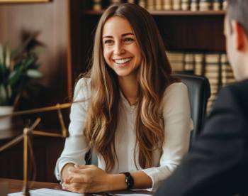 a happy young woman asking questions in an attorney's office