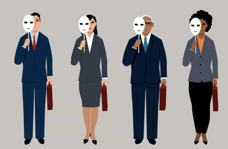 Four people in business attire, potentially male divorce lawyers, hold masks in front of their faces and carry briefcases, standing against a plain background.