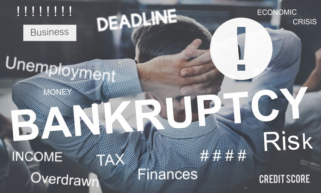 Person holding head, surrounded by words like "BANKRUPTCY," "DEADLINE," "Unemployment," "Risk," and "Economic Crisis," indicating financial stress and anxiety. They are weighing the pros and cons of declaring bankruptcy in Dallas, trying to find a way out of their economic turmoil.
