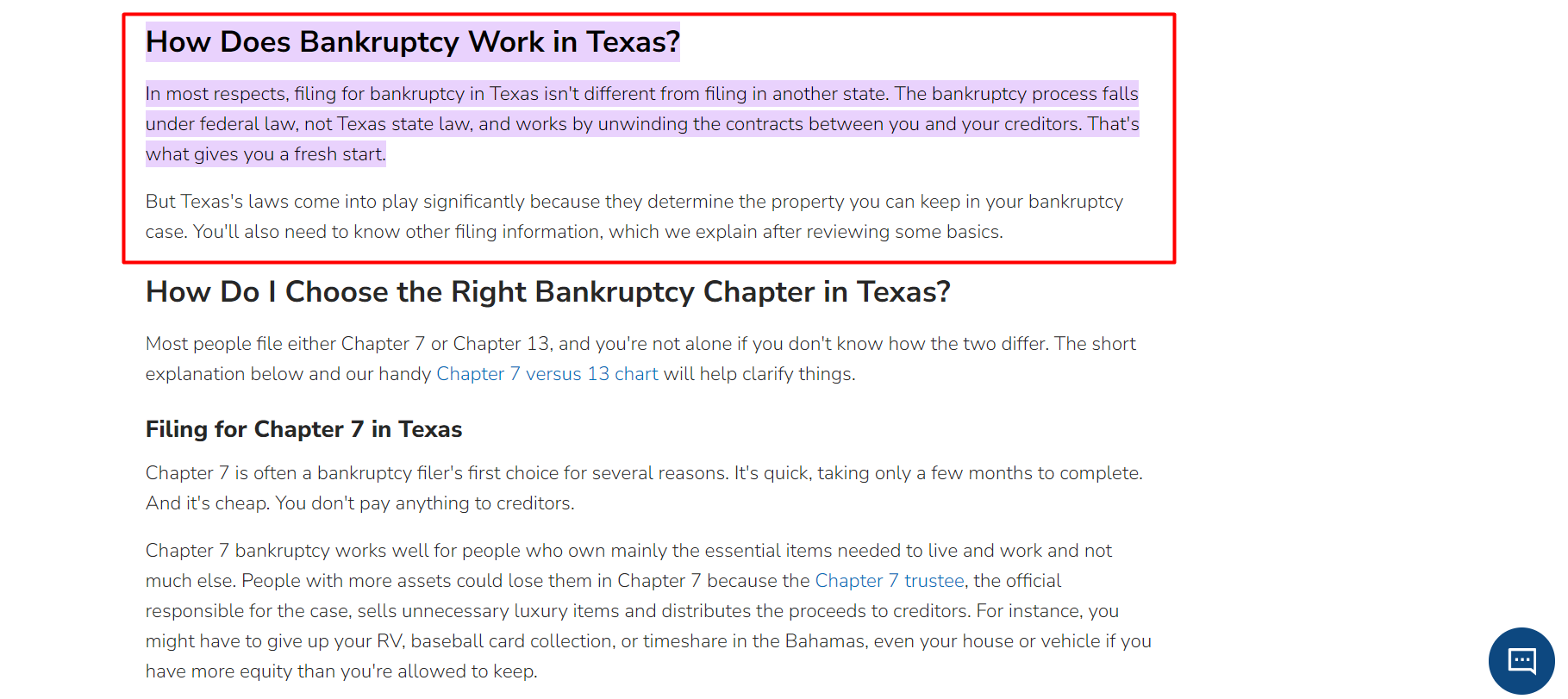 Screenshot of a webpage explaining bankruptcy in Texas. Highlighted text mentions the difference in processes for declaring bankruptcy in Texas compared to other states, emphasizing Dallas-specific laws and benefits.