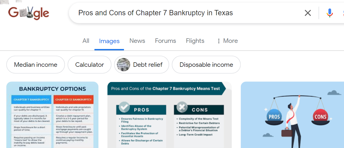 Screenshot of a Google search results page for "Weigh Your Options for Chapter 7 Bankruptcy in Texas," displaying various tabs and infographic summaries.