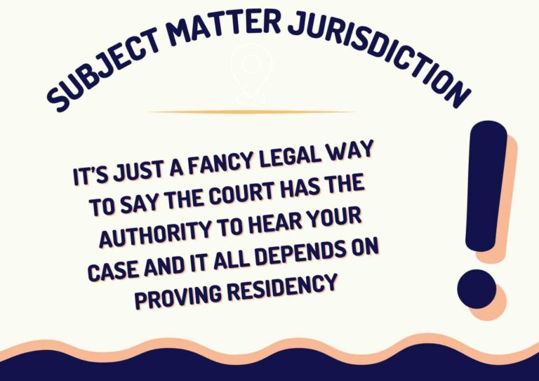 The image displays an infographic explaining "subject matter jurisdiction" with a description saying it is a legal term for a court's authority to hear a case, including whether you can file for divorce in another state