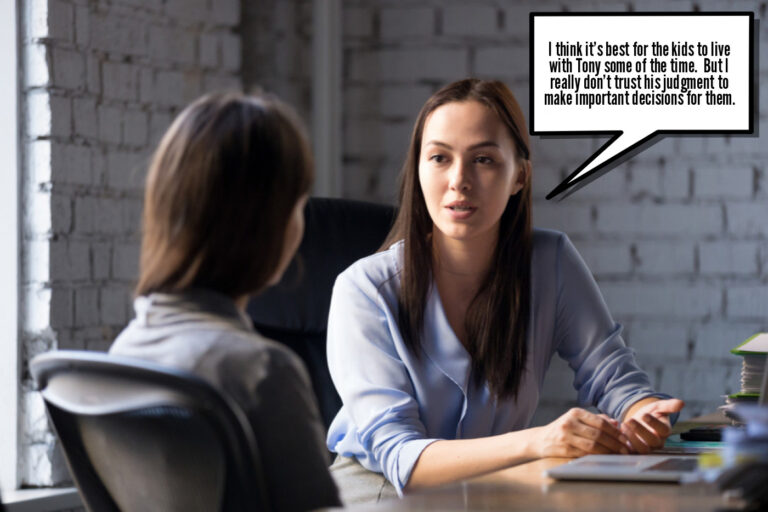 Two professional women engaged in a serious conversation across a table in an office setting, discussing what is joint custody in Texas.