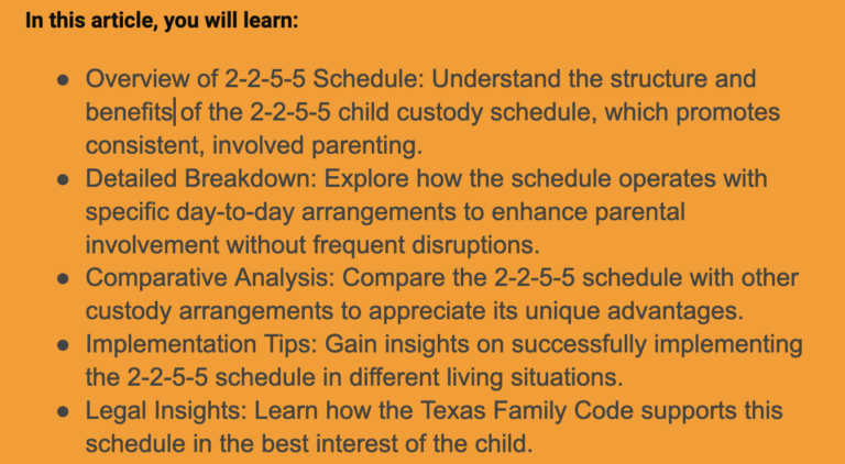 Text describing the 2-2-5-5 custody schedule, its advantages, operations, comparisons with other schedules, and guidance for implementation.