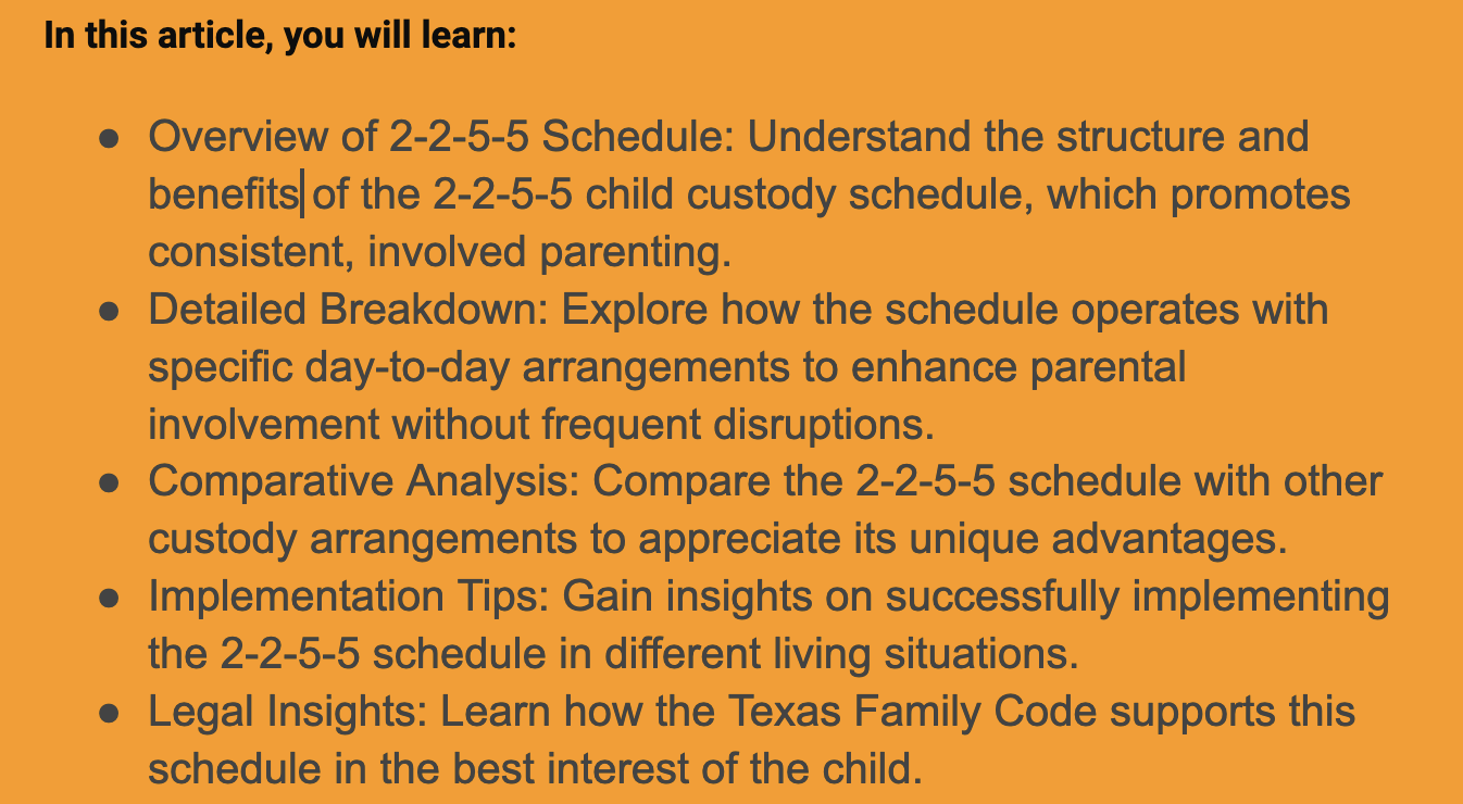 Screenshot describing the 2-2-5-5 custody schedule, its advantages, operations, comparisons with other schedules, and guidance for implementation.