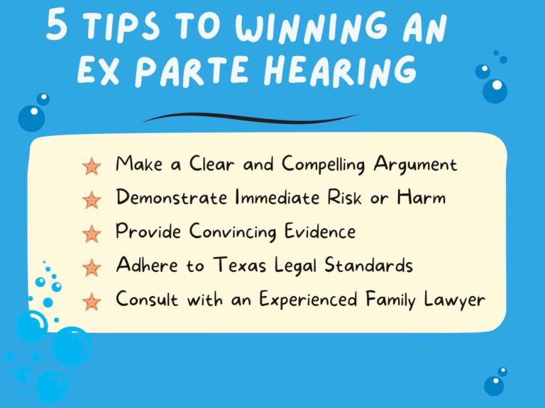 Illustration titled "Guide to Winning an Ex Parte Hearing," featuring a list of tips like making a clear argument and consulting a lawyer, with star icons.