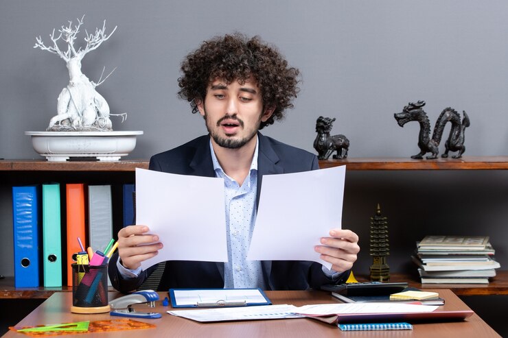 A surprised young man with curly hair reviews documents at a cluttered office desk, preparing to file a motion for contempt, with decorative items and binders in the background.