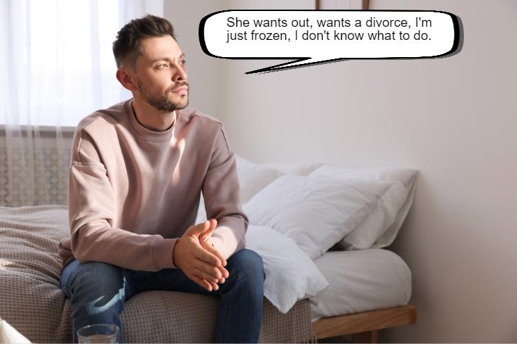 A man sits on a bed looking pensive, with a speech bubble saying, "She wants out, wants a divorce, I'm just frozen, I don't know what to do.