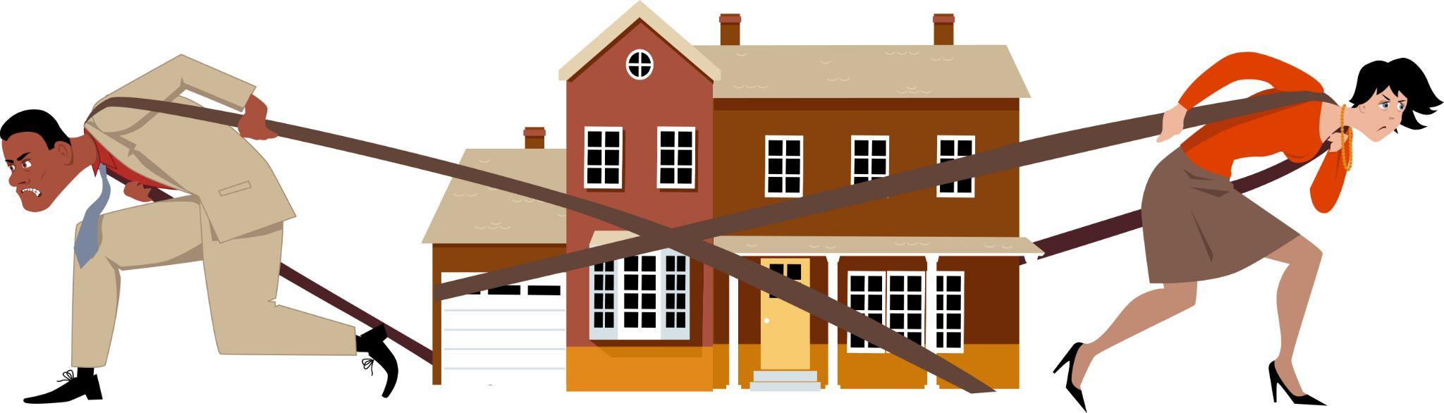 Illustration of a man and a woman in business attire pulling in opposite directions with ropes tied to a house, symbolizing conflict or dispute over the property.