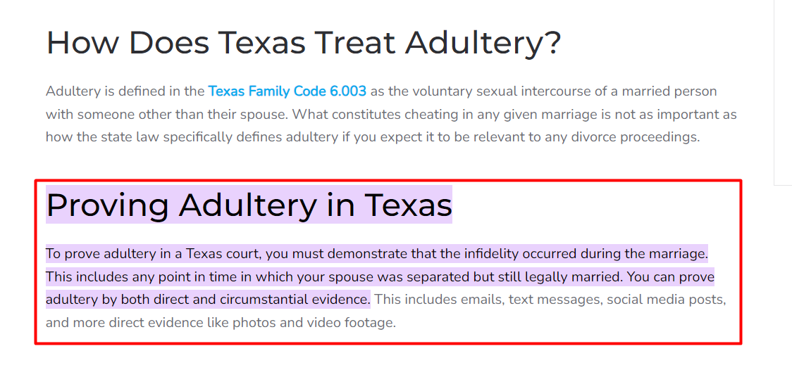 Screenshot of a webpage explaining how Texas legally handles adultery and divorce, including a highlighted section about proving adultery through direct and circumstantial evidence during a marriage.