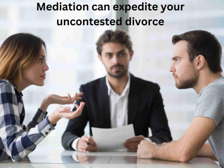 A mediator sits between a man and a woman during a discussion. Text above reads, "Mediation can expedite your uncontested divorce by providing the answers you need.