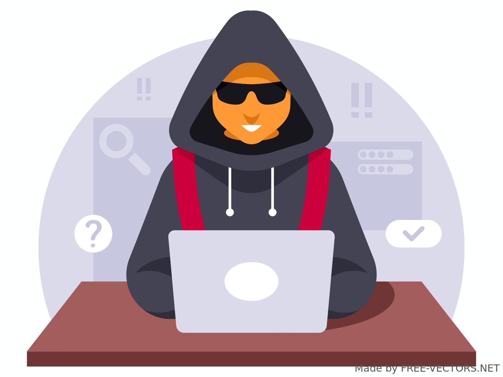 Illustration of a person in a hooded sweatshirt and sunglasses using a laptop. Various symbols like checkmarks, question marks, and exclamation points are in the background, subtly indicating the importance of secure health info sharing under HIPAA Release Form Texas regulations.