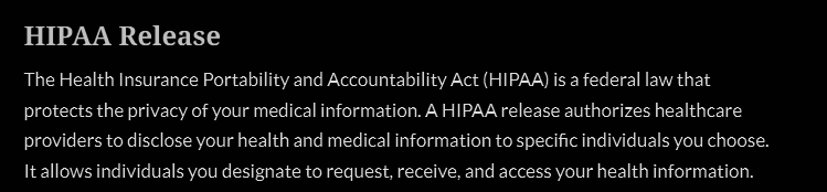 Text reads: HIPAA Release Form Texas. The Health Insurance Portability and Accountability Act is a federal law protecting the privacy of your medical information. Authorized providers may securely share health info with chosen individuals.