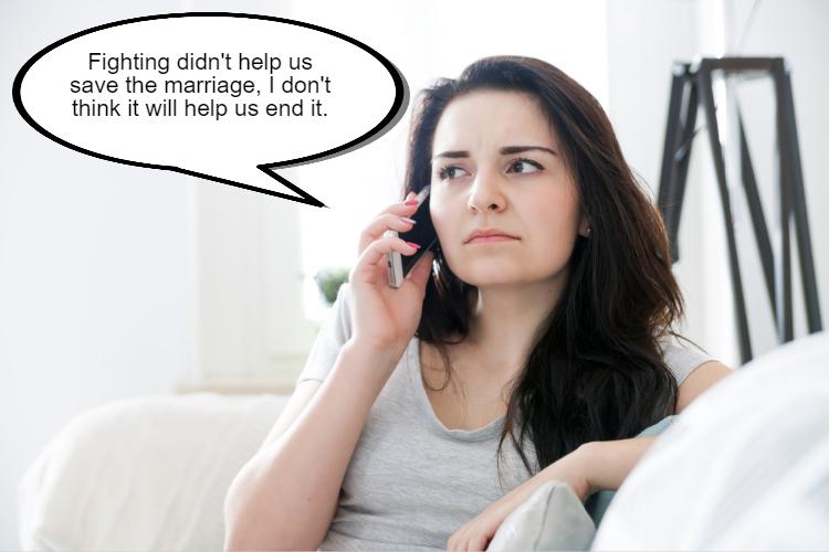 A woman with long dark hair holds a phone to her ear in a room, with a speech bubble stating, "Fighting didn't help us save the marriage; perhaps mediation is a more peaceful path to end it.