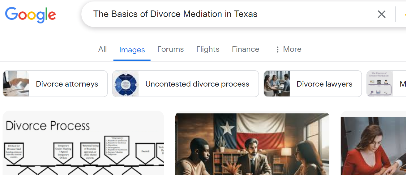 Google search results for "The Basics of Divorce Mediation in Texas" showing links and images related to divorce attorneys, the peaceful path of mediation, uncontested divorce process, and divorce lawyers.