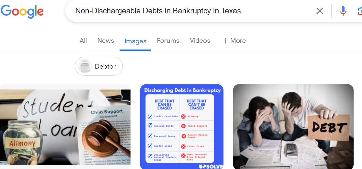 Google search results page for "Non-Dischargeable Debts in Bankruptcy in Texas" showing images related to alimony, child support, and general debt guidance.
