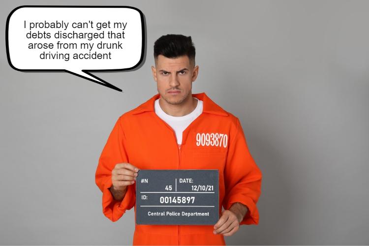 A man in an orange jumpsuit holds a mugshot board reading "ID: 00145897" and the date "12/10/21". A speech bubble above him says, "I probably can't get my debts discharged that arose from my drunk driving accident".
