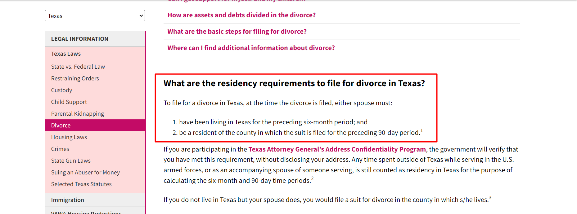 Screenshot of a webpage on residency requirements for filing for divorce in Texas, highlighting the conditions needed to meet the residency requirement and providing a link to the Attorney General’s Address Confidentiality Program.