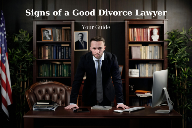 A man in a suit stands behind a desk in a law office. The text above him reads, "Signs of a Good Divorce Lawyer: Your Guide." Shelves of books, an American flag, and office plants are in the background.