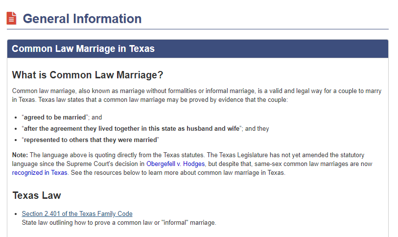 A webpage titled "Common Law Marriage in Texas" explains what common law marriage is and the Texas law governing it, including a note on same-sex common law marriages.