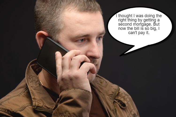 A person with short hair holds a phone to their ear, looking concerned. A speech bubble reads, "I thought I was doing the right thing by getting a second mortgage. But now the bill is so big, I can't pay it. Should I consider Chapter 7 for discharge?