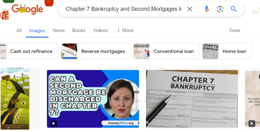 Google search results page showing images related to "Chapter 7 Bankruptcy and Second Mortgages." Displayed are various thumbnails, including text discussing how Chapter 7 rules may lead to the discharge of a second mortgage.