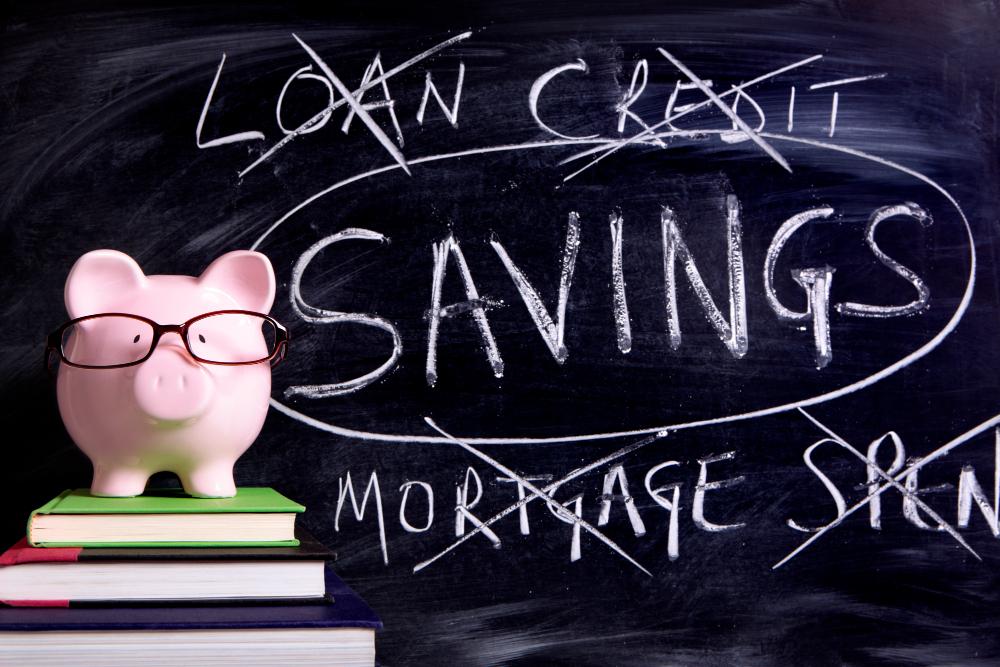 A piggy bank with glasses sits on books in front of a chalkboard with the word "SAVINGS" circled and "LOAN," "CREDIT," "MORTGAGE," and "SPIN" crossed out.