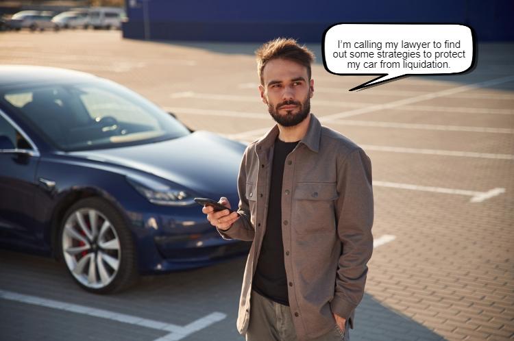 A man stands next to a parked car in a parking lot, holding a phone. A speech bubble indicates he's calling his lawyer for advice on protecting his car from liquidation.