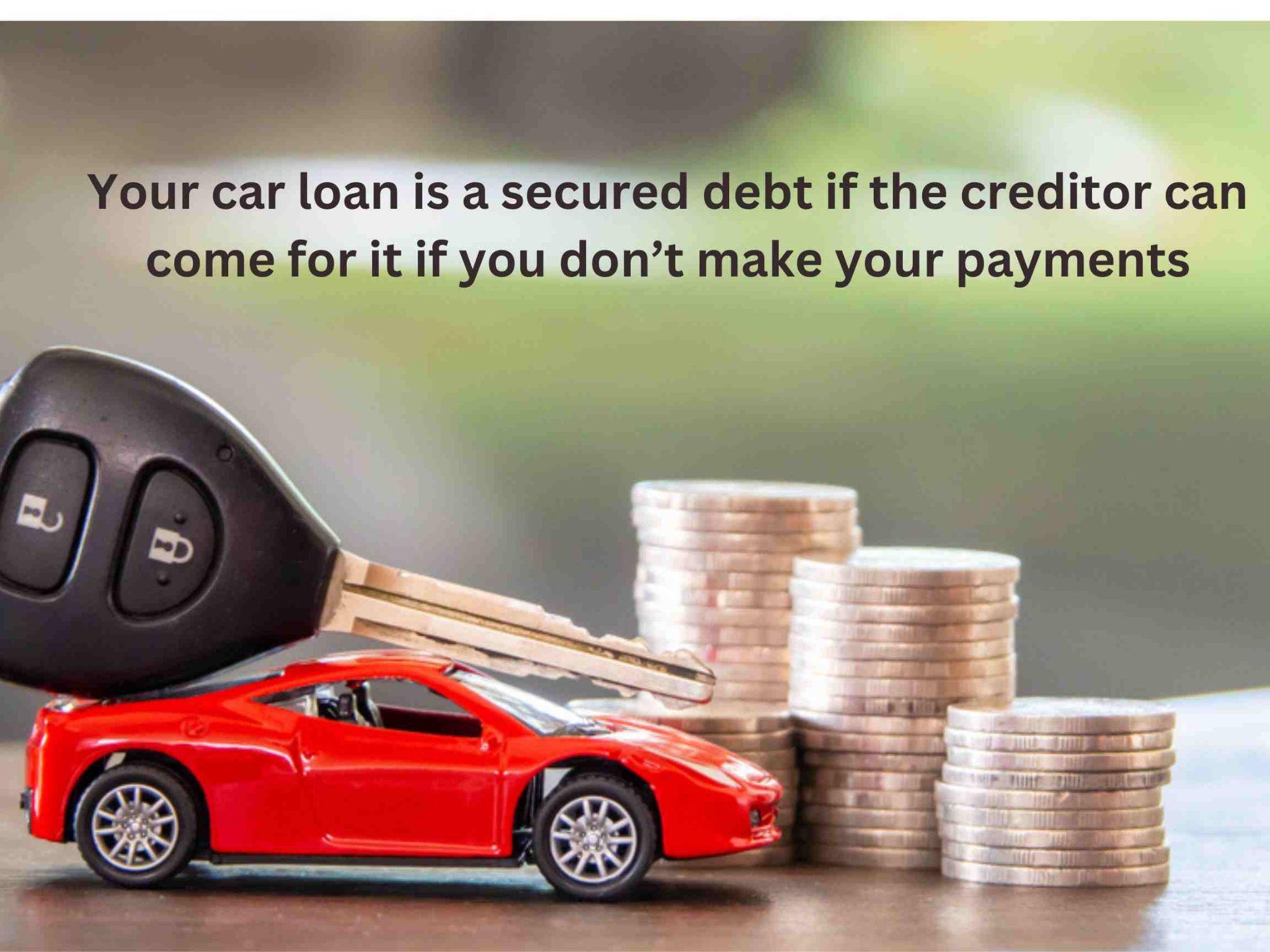 A toy car and car keys are placed beside stacks of coins. Text reads: "Your car loan is a secured debt if the creditor can come for it if you don’t make your payments. can i keep my paid off car in chapter 7
