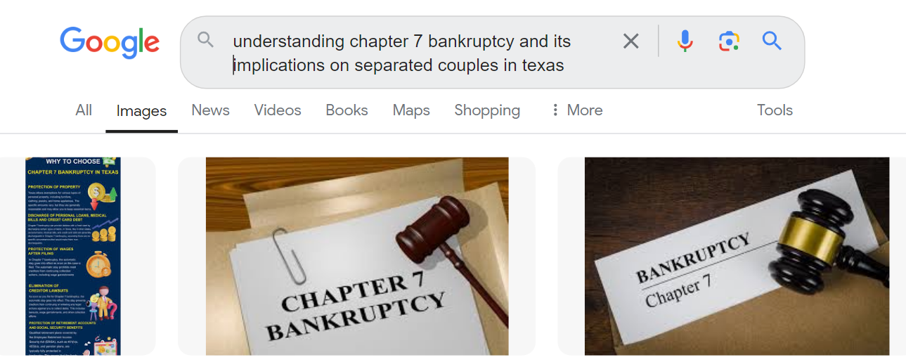 Google search results page showing images related to Chapter 7 bankruptcy, including a gavel and document labeled "Chapter 7 Bankruptcy." Search query: "understanding chapter 7 bankruptcy and its implications on separated couples in Texas where the husband filed Chapter 7.