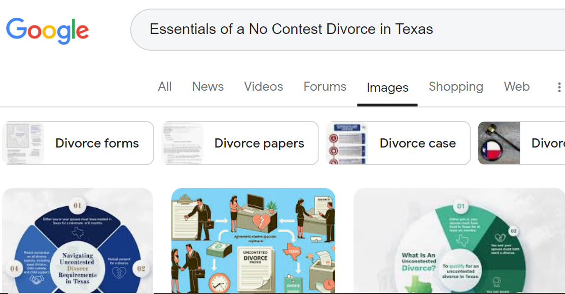 Google search results page showcasing articles related to "Essentials of a No Contest Divorce in Texas," featuring divorce forms, papers, and informational graphics on no contest divorce in Texas.