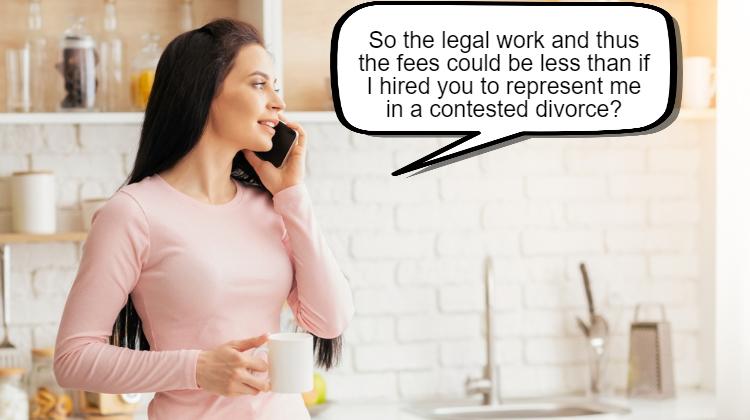 A woman in a pink sweater talks on the phone while holding a white mug in a kitchen. A speech bubble shows her discussing legal work and fees.