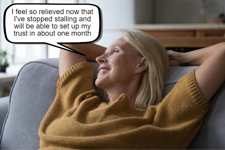 A woman with blond hair, wearing a mustard sweater, leans back on a sofa, smiling. A speech bubble reads, "I feel so relieved now that I’ve stopped stalling 