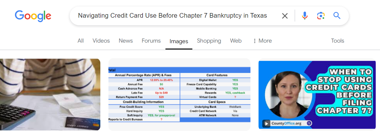 Screenshot of a Google search for "Navigating Credit Card Use Before Filing Chapter 7 Bankruptcy in Texas," featuring images displaying credit card details and a warning to stop using credit cards.