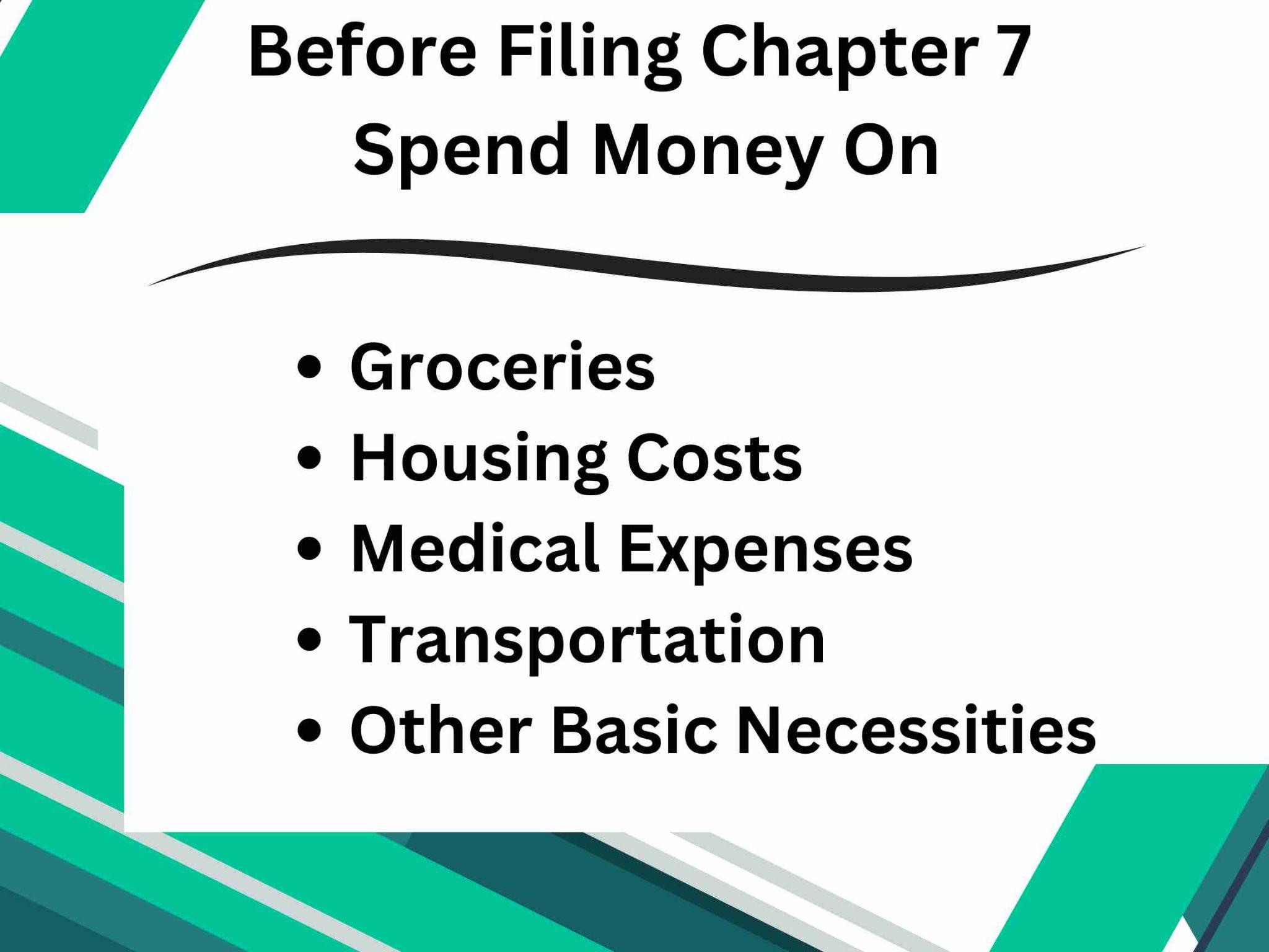 List titled "Before Filing Chapter 7 Spend Money On" with bullet points: Groceries, Housing Costs, Medical Expenses, Transportation, Other Basic Necessities on a green and white background. Reminder: Stop using credit cards to manage these expenses effectively before filing.