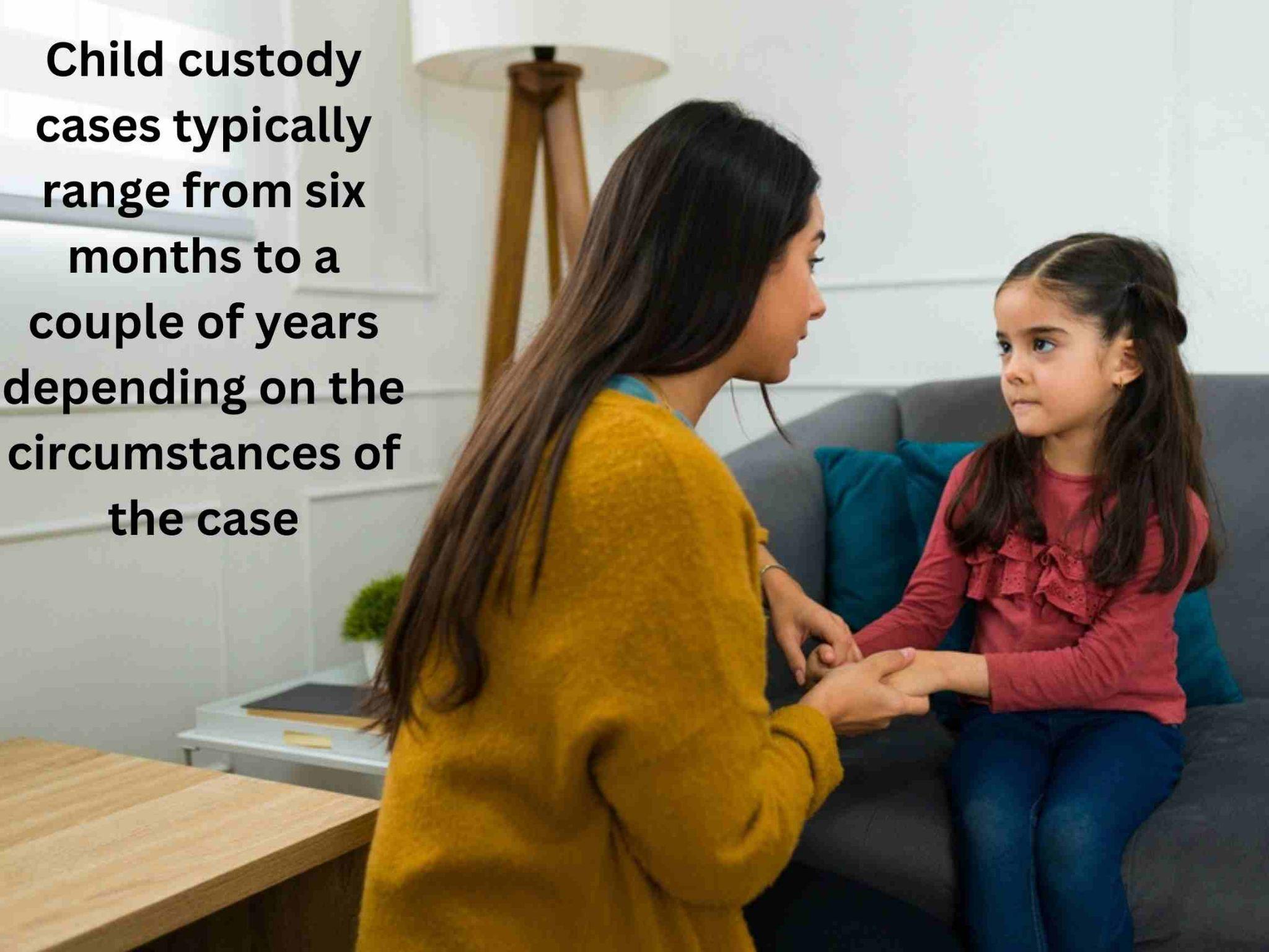 A woman in a yellow sweater holds hands with a young girl sitting on a couch, embodying warmth and comfort. Text on the image delves into the emotional journey by discussing just how long court takes for custody, shedding light on the timelines involved in such pivotal cases.